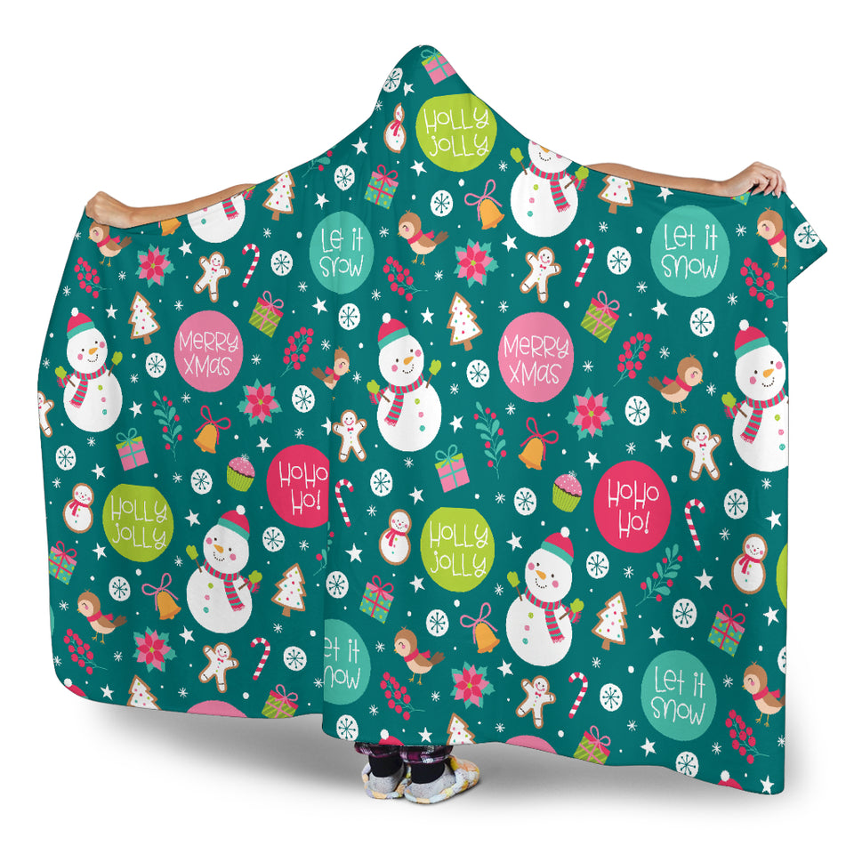 Snowman Bird Decorative Elements Christmas Pattern Hooded Blanket