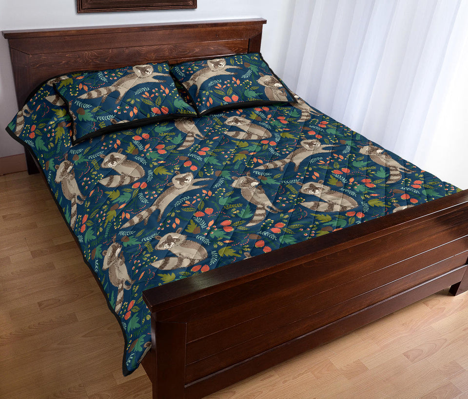 Raccoon tropical leaves pattern Quilt Bed Set