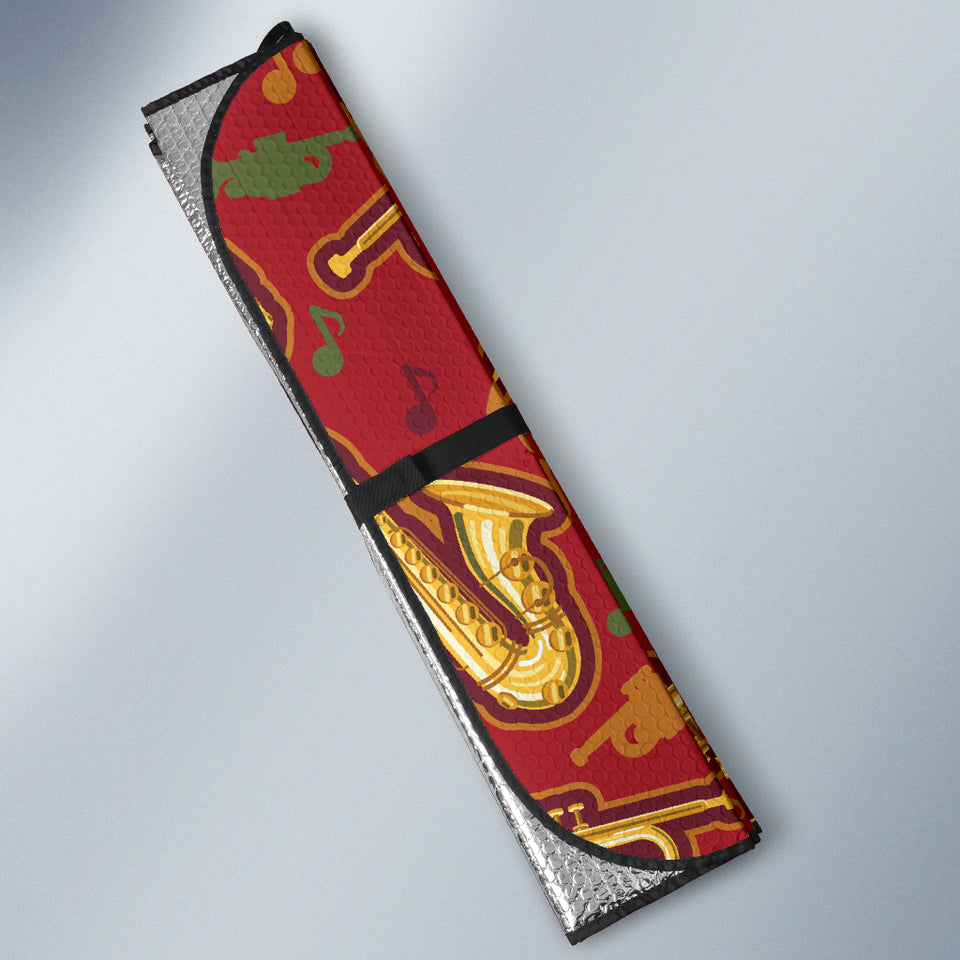 Saxophone Cornet Pattern Red Background Car Sun Shade