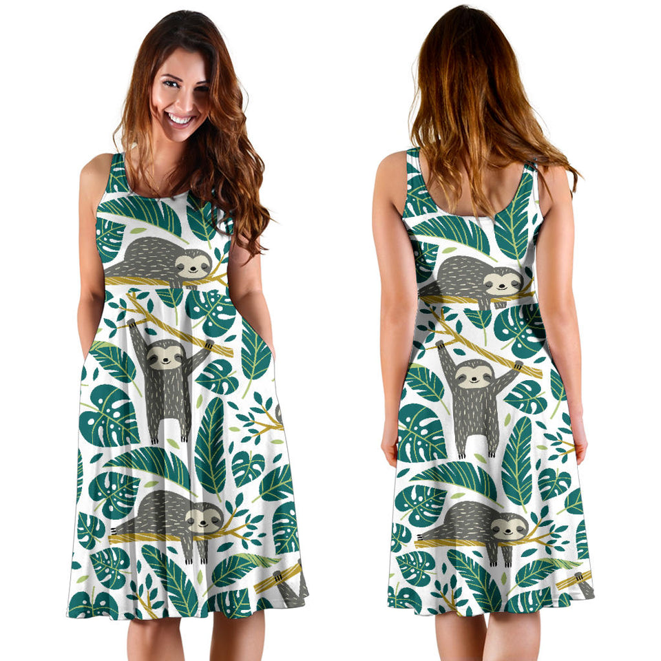 Cute Sloths Tropical Palm Leaves White Background Sleeveless Midi Dress