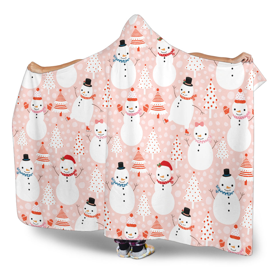 Cute Snowman Christmas Tree Snowpink Background Hooded Blanket