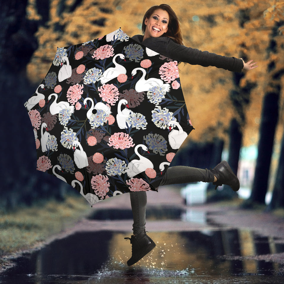White Swan Blooming Flower Pattern Umbrella