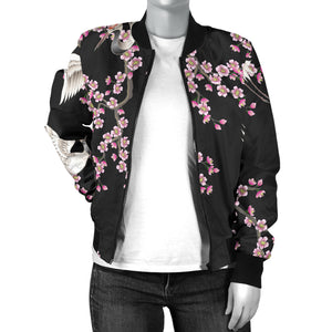 Japanese Crane Pink Sakura Pattern Women'S Bomber Jacket