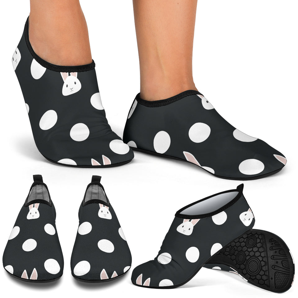 Cute White Rabbit Polka Dots Black Background Aqua Shoes