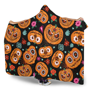 Pumpkin Flowers Spiderweb Halloween Theme Hooded Blanket