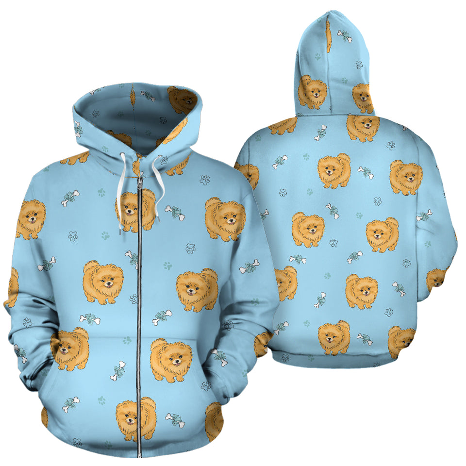 Brown Cute Pomeranian Blue Blackground Zip Up Hoodie