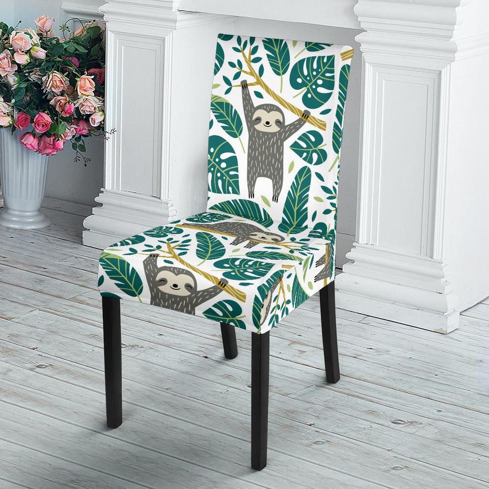 Cute Sloths Tropical Palm Leaves White Background Dining Chair Slipcover