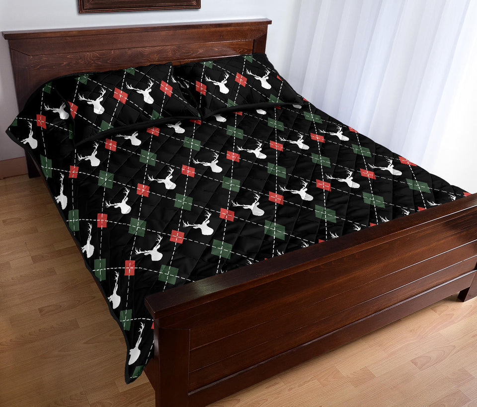Deer Christmas new year pattern argyle Quilt Bed Set