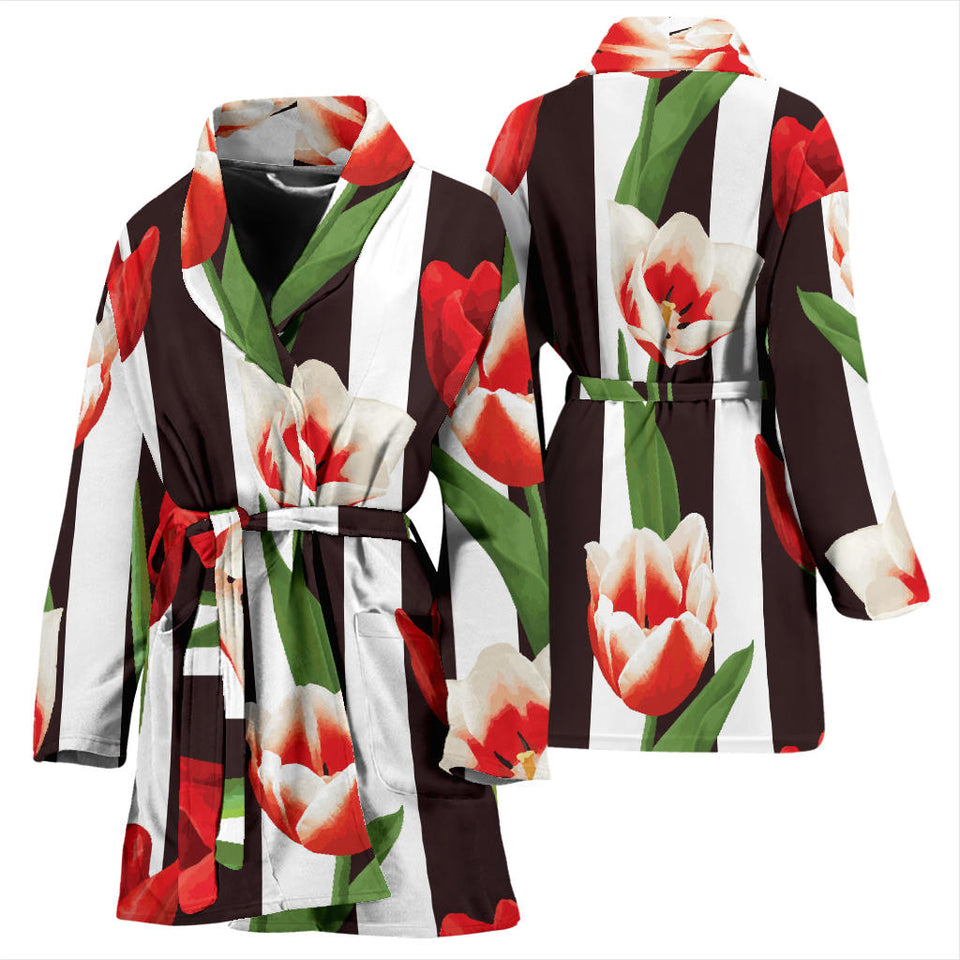 Red And White Tulips Pattern Women'S Bathrobe