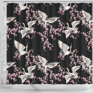 Japanese Crane Pink Sakura Pattern Shower Curtain Fulfilled In US