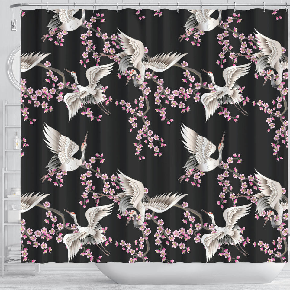 Japanese Crane Pink Sakura Pattern Shower Curtain Fulfilled In US
