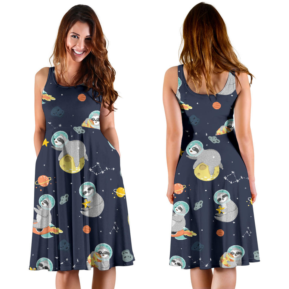 Cute Sloth Astronaut Star Planet Rocket Pattern Sleeveless Midi Dress