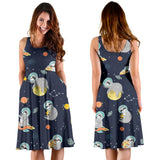 Cute Sloth Astronaut Star Planet Rocket Pattern Sleeveless Midi Dress
