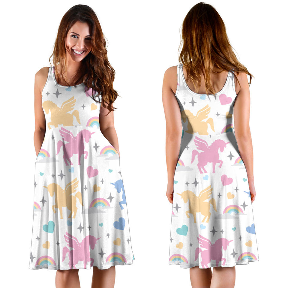 Colorful Unicorn Rainbow Heart Pattern Sleeveless Midi Dress