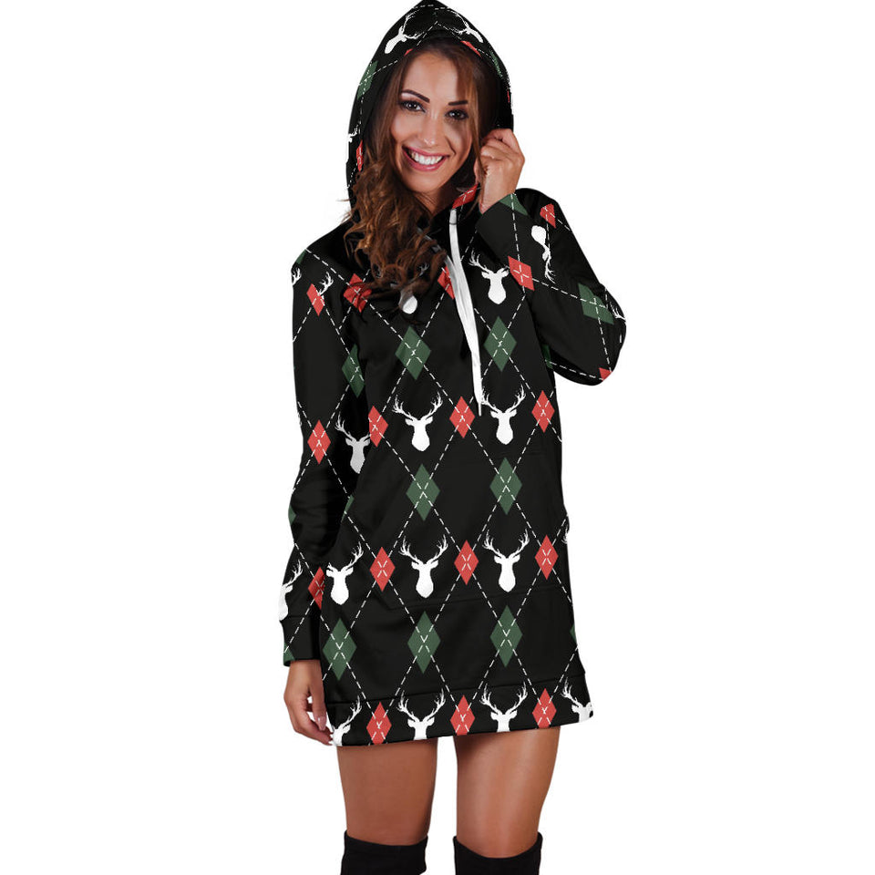 Deer Christmas New Year Pattern Argyle Women'S Hoodie Dress