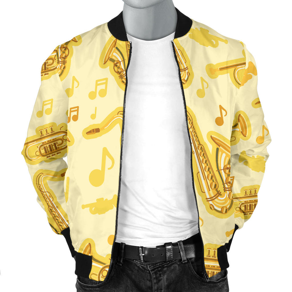 Saxophone Cornet Pattern Yellow Background Men'S Bomber Jacket