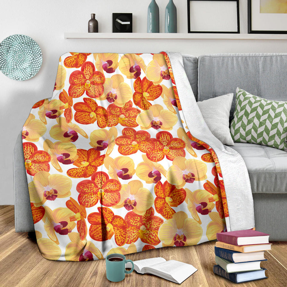 Orange Yellow Orchid Flower Pattern Background Premium Blanket