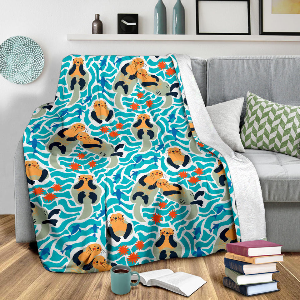 Cute Sea Otters Fishe Sea Urchin Pattern Premium Blanket