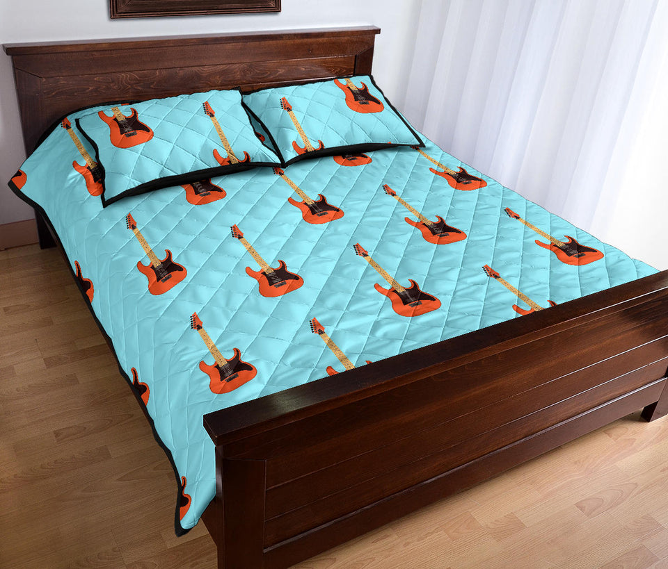 electric guitar pattern light blue background Quilt Bed Set