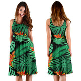 Heliconia Flower Palm Monstera Leaves Black Background Sleeveless Midi Dress