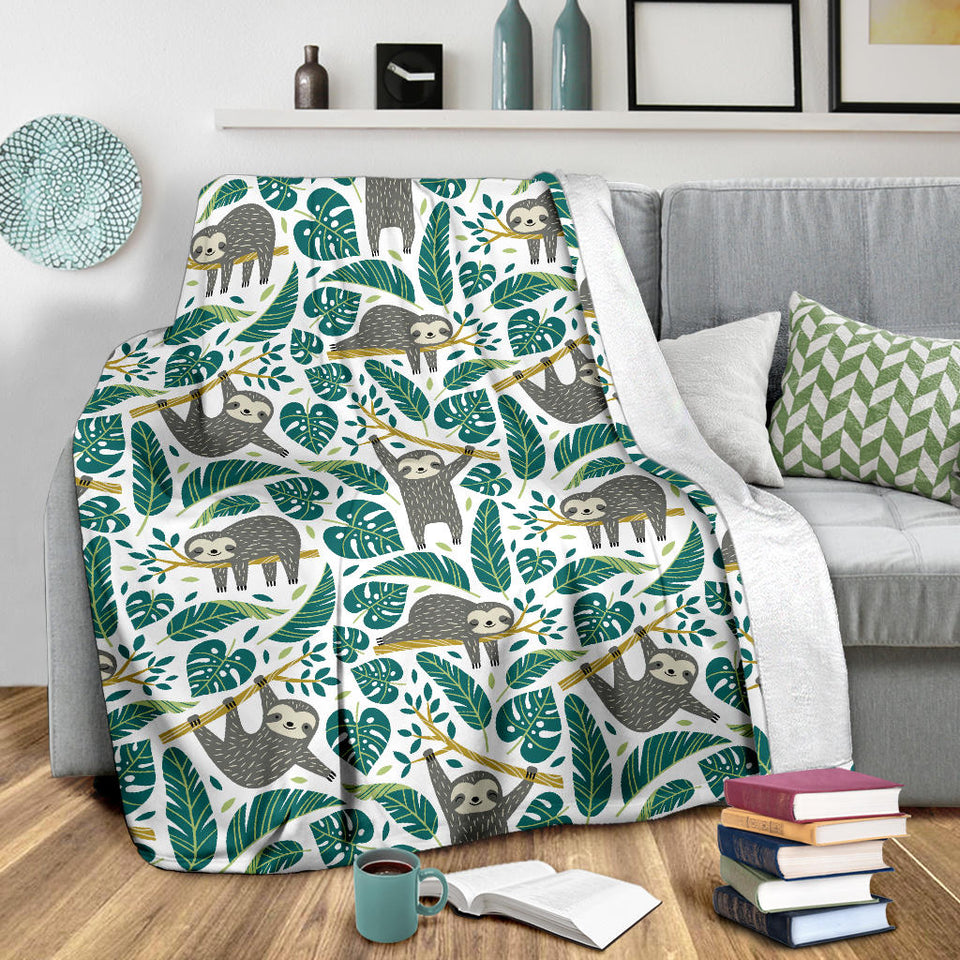 Cute Sloths Tropical Palm Leaves White Background Premium Blanket
