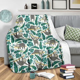 Cute Sloths Tropical Palm Leaves White Background Premium Blanket