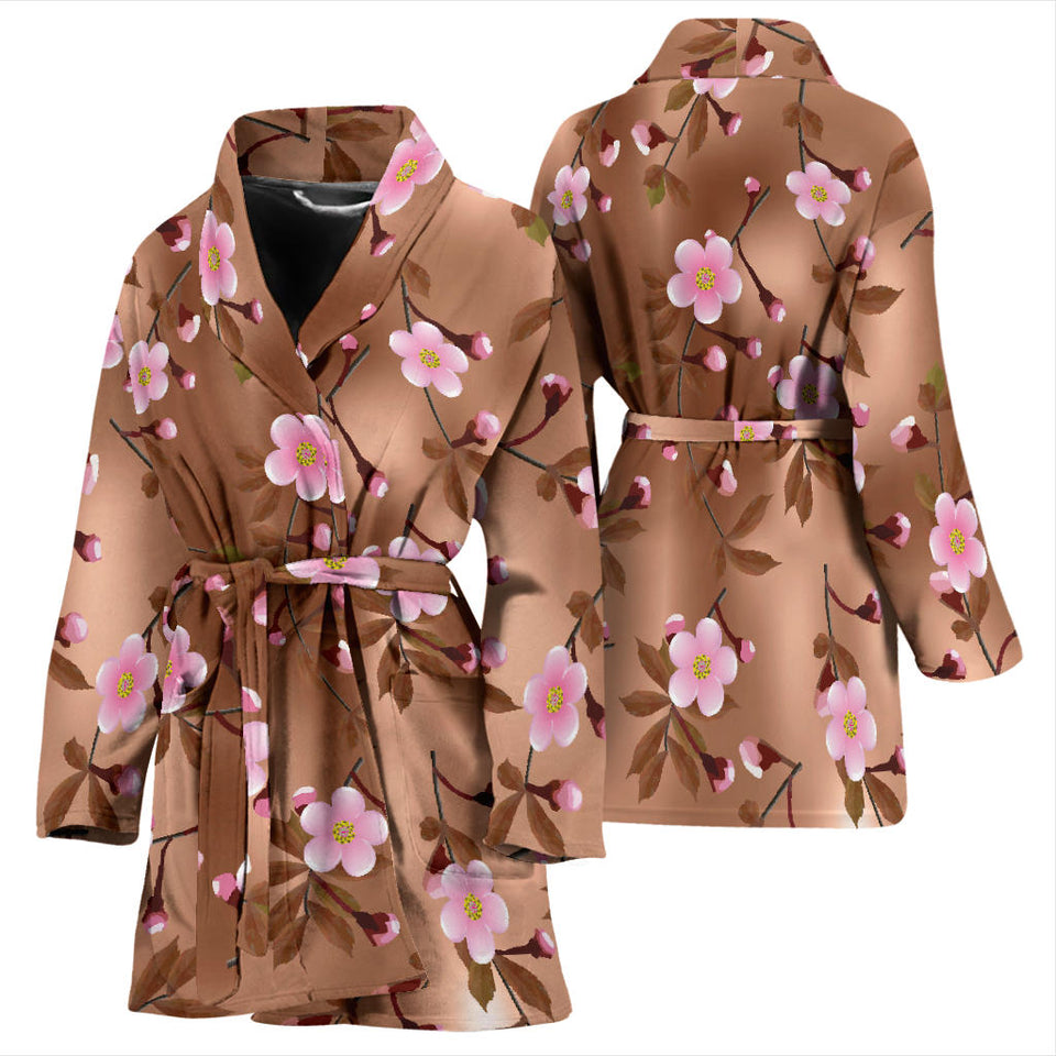 Pink Sakura Cherry Blossom Drak Brown Background Women'S Bathrobe