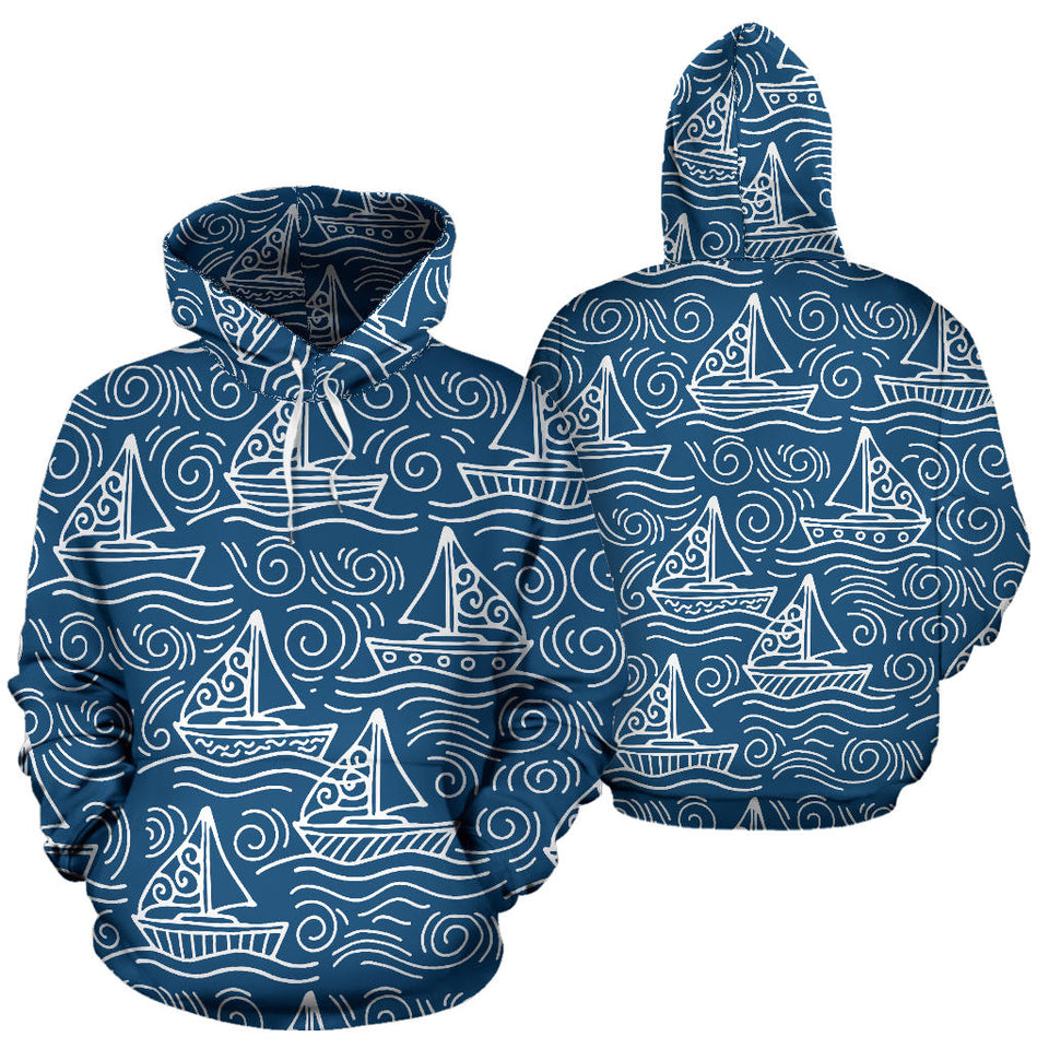 Hand Drawn Sailboat Pattern Men Women Pullover Hoodie