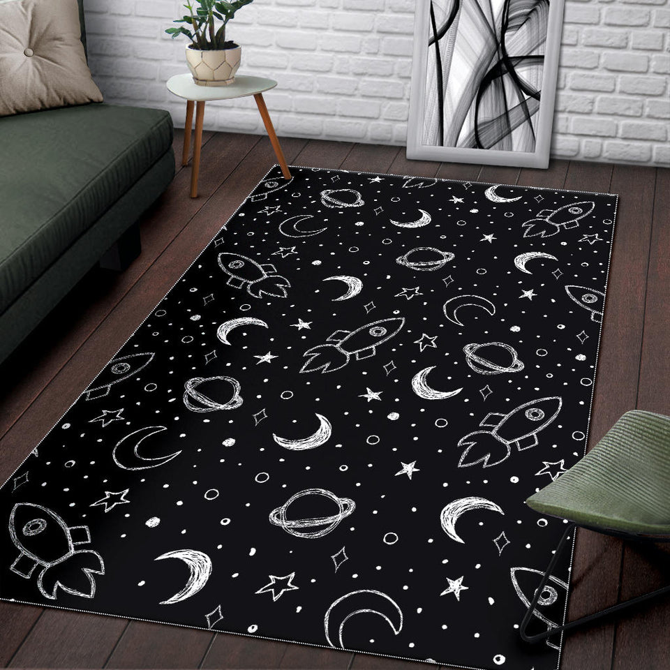 Hand Drawn Space Rocket Star Planet Area Rug