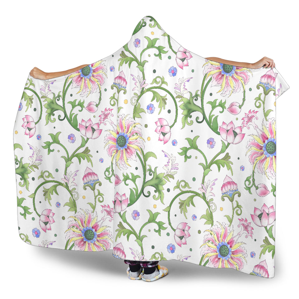 Beautiful Pink Lotus Waterlily Leaves Pattern Hooded Blanket