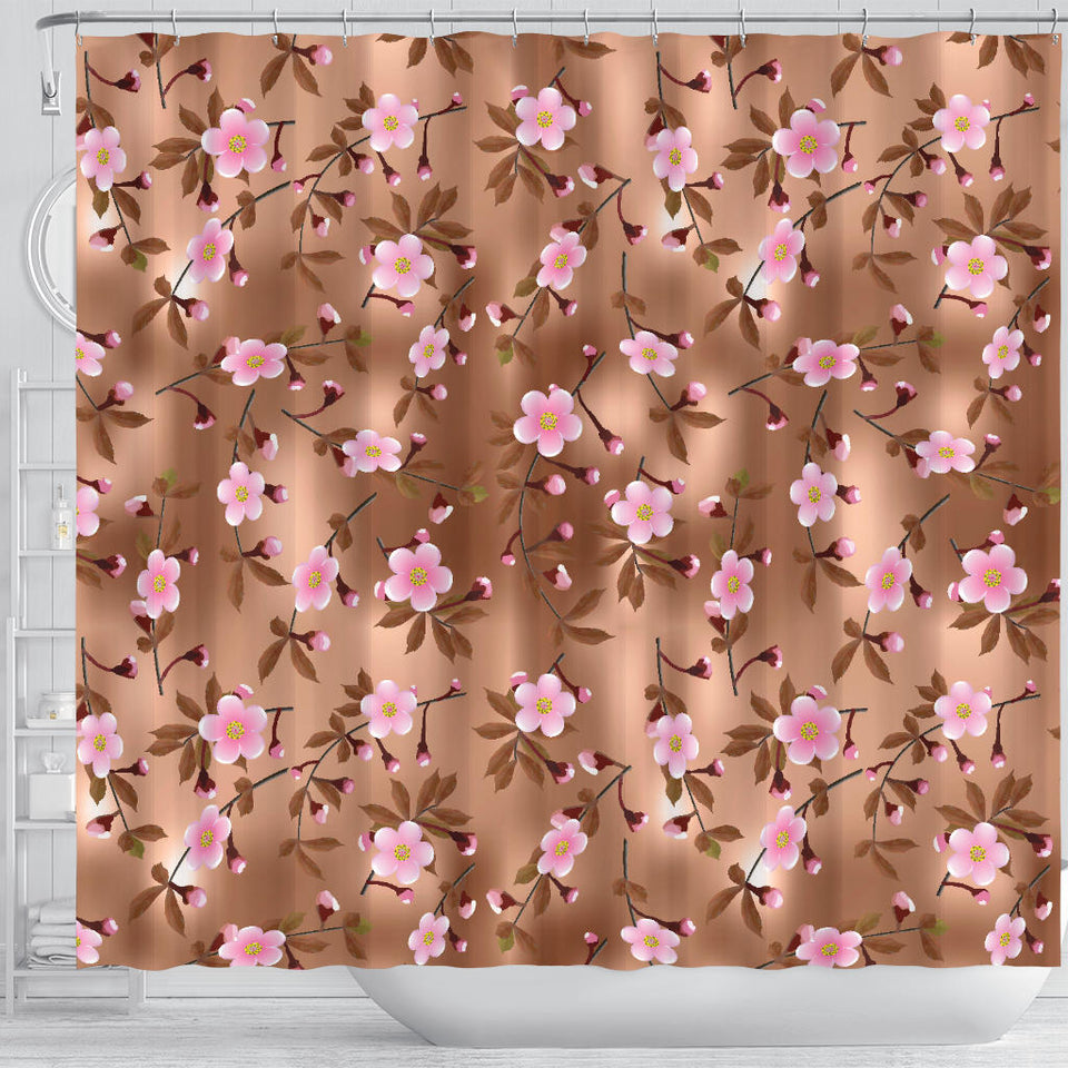 Pink Sakura Cherry Blossom Drak Brown Background Shower Curtain Fulfilled In US