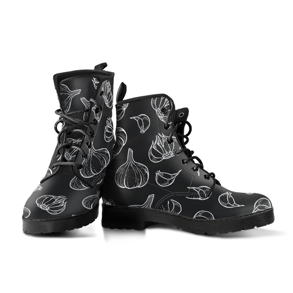 Garlic Pattern Black Background Leather Boots