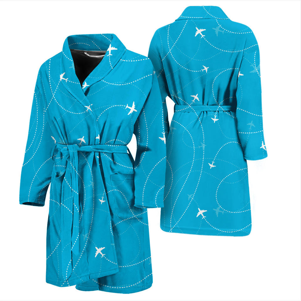 Airplane Destinations Blue Background Men'S Bathrobe