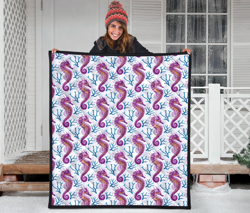Purple Seahorse Blue Coral Pattern Premium Quilt