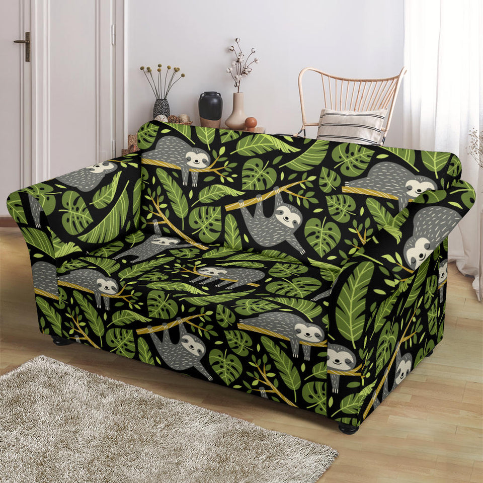 Cute Sloths Tropical Palm Leaves Black Background Loveseat Couch Slipcover