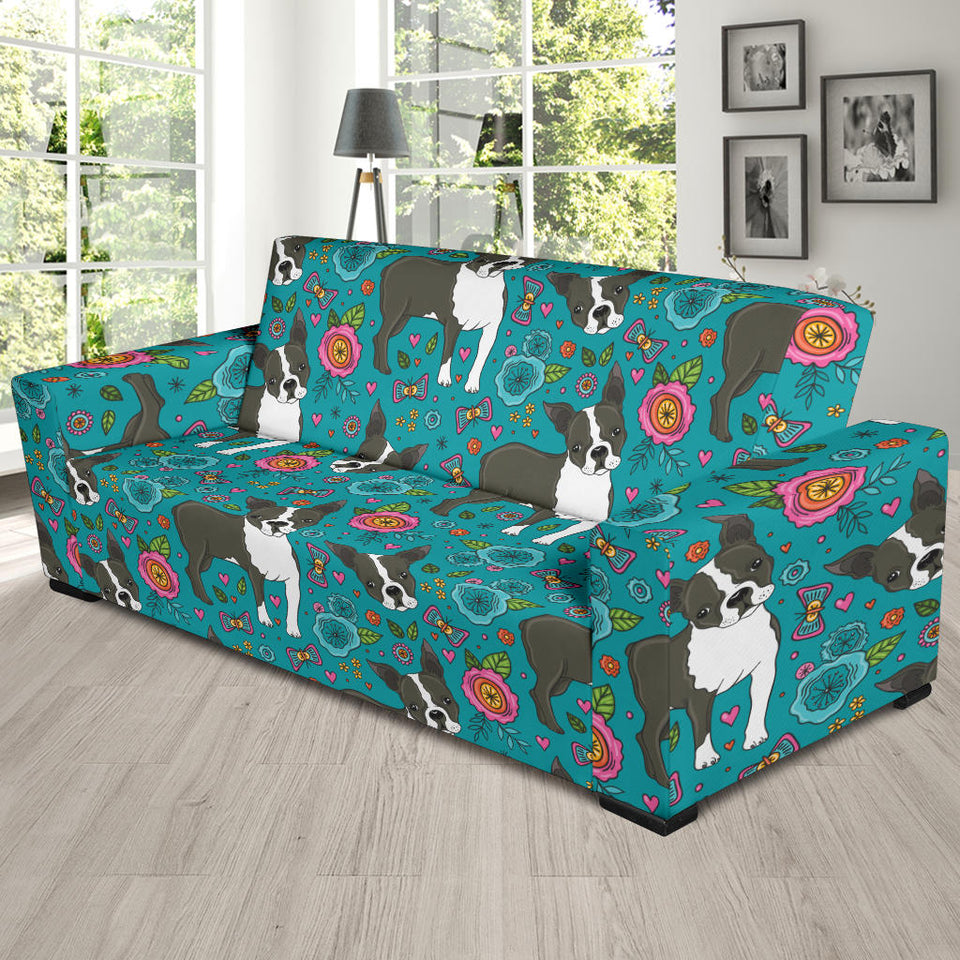 Boston Terrier Beautiful Flower Pattern Sofa Slipcover