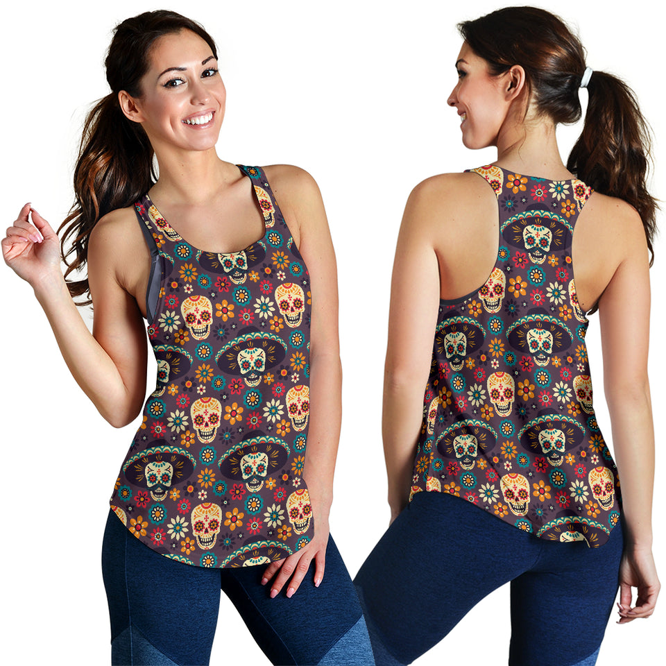 Sugar skulls flower maxican pattern Women Racerback Tank Top