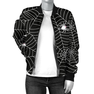 Spider Web Design Pattern Black Background White Cobweb Women'S Bomber Jacket