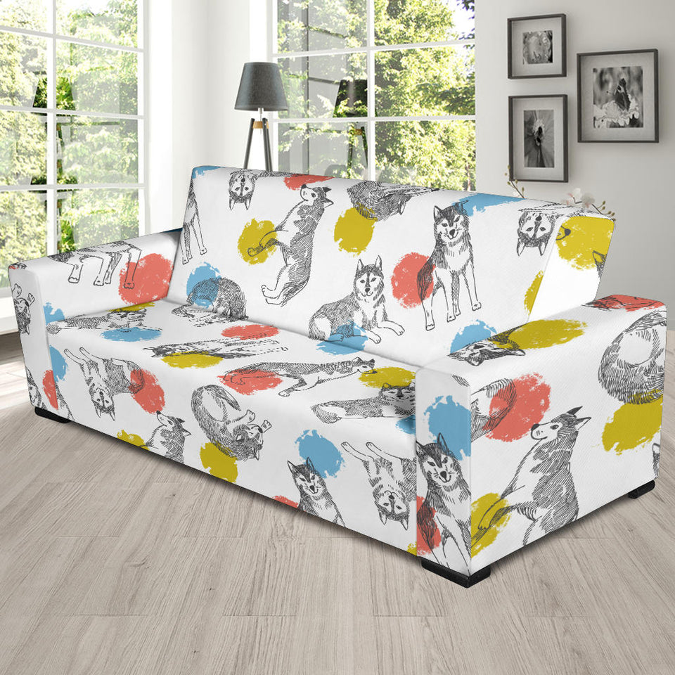 Siberian Husky And Colorful Circle Pattern Sofa Slipcover