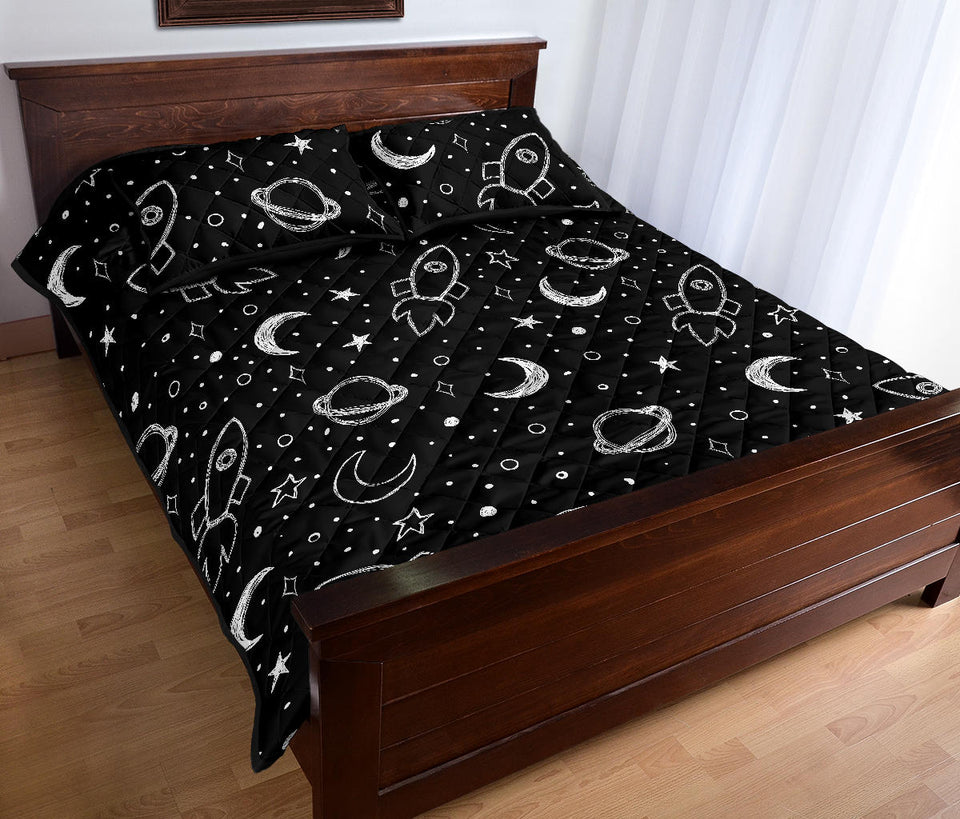 Hand drawn space rocket star planet Quilt Bed Set