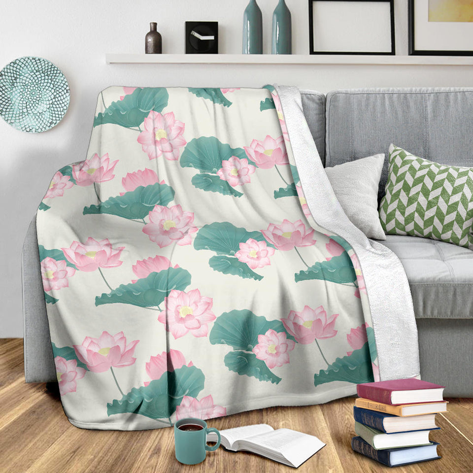 Pink Lotus Waterlily Leaves Pattern Premium Blanket
