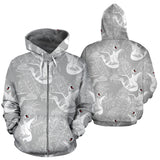 White Swan Gray Background Zip Up Hoodie