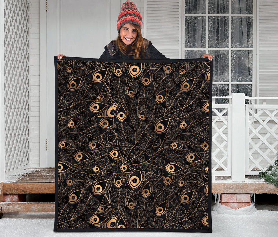 Gold Peacock Feather Pattern Premium Quilt