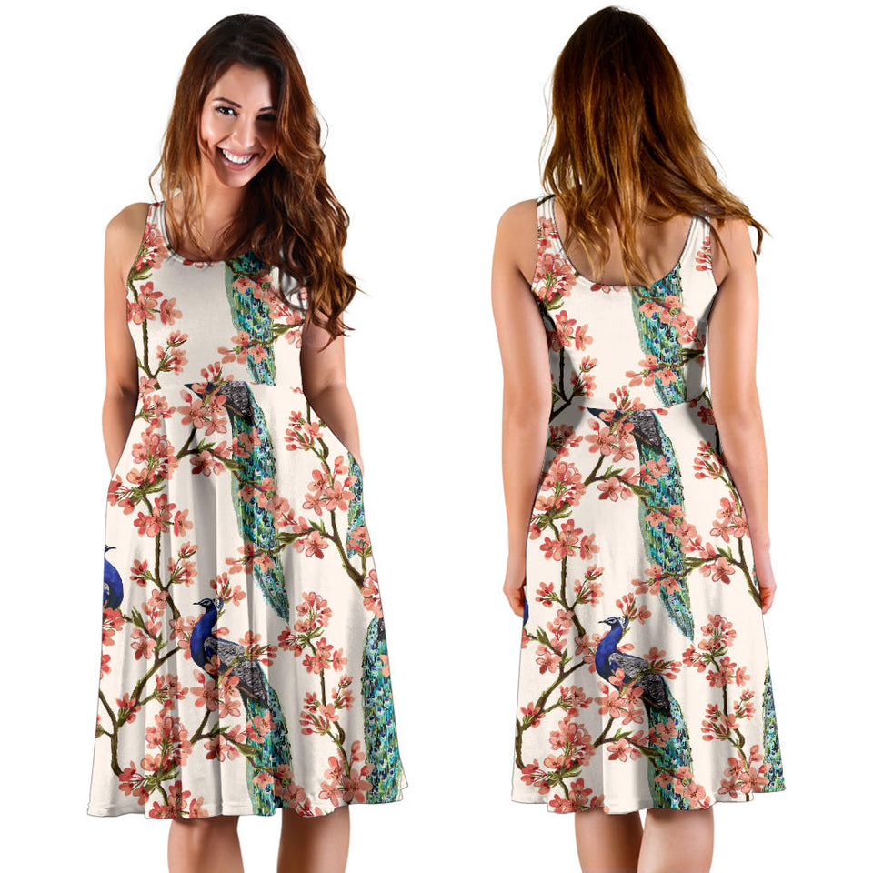 Peacock Tropical Flower Pattern Sleeveless Midi Dress