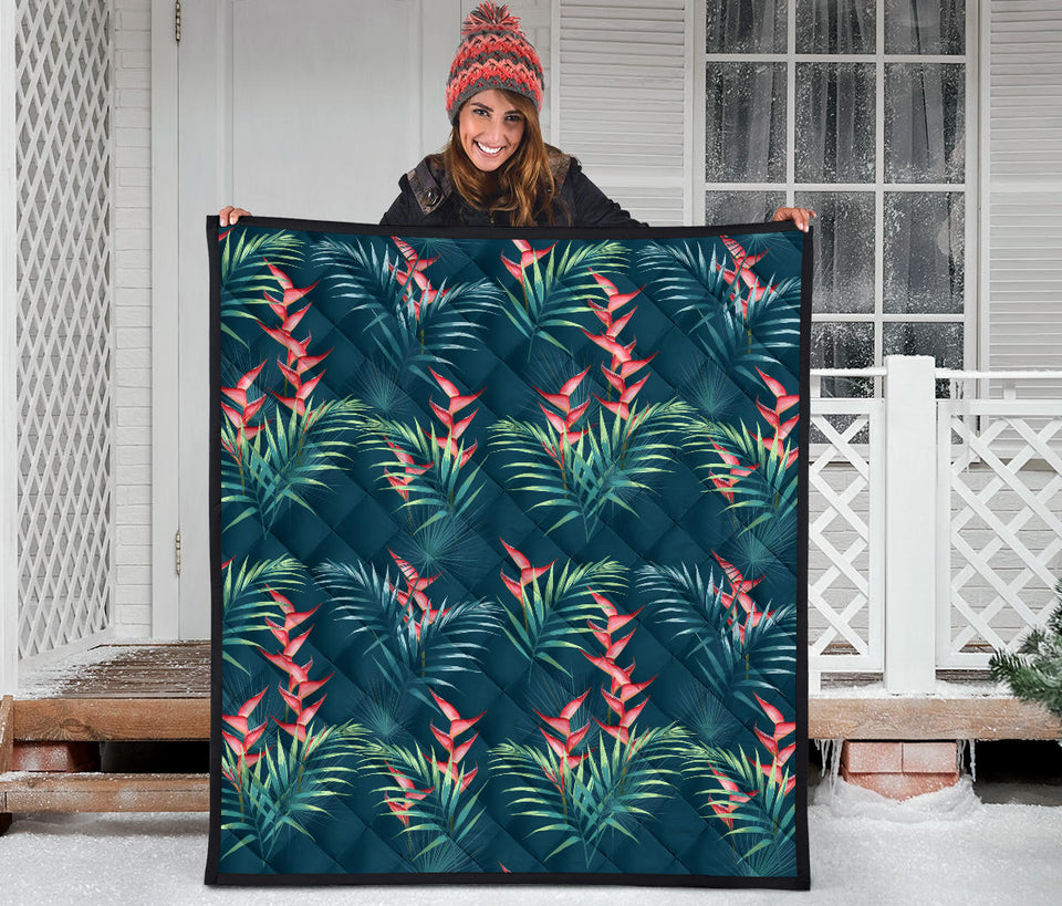 Heliconia Flowers, Palm And Monstera Leaves On Black Background Pattern Premium Quilt