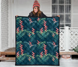 Heliconia Flowers, Palm And Monstera Leaves On Black Background Pattern Premium Quilt