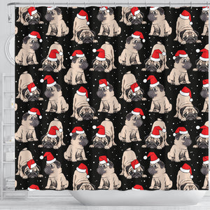 Christmas Pugs Santa_s Red Cap Pattern Shower Curtain Fulfilled In US