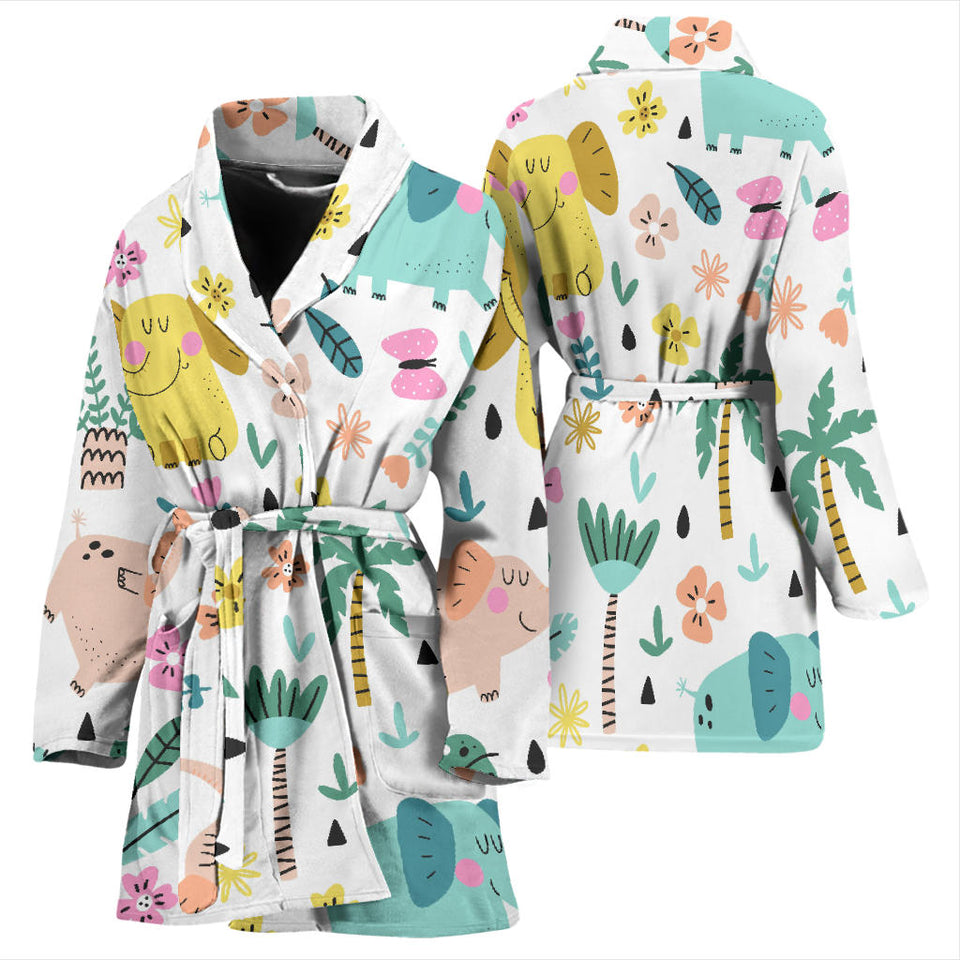 Cute Elephants Palm Tree Flower Butterfly Pattern Women'S Bathrobe