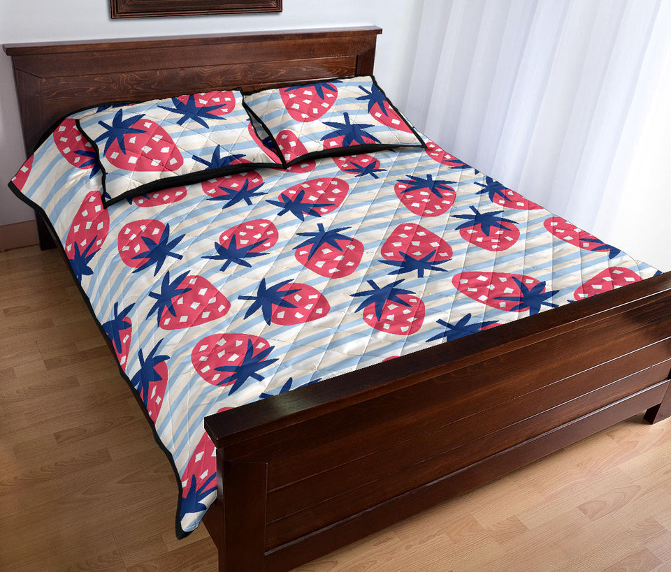 Strawberry pattern blue lines background Quilt Bed Set