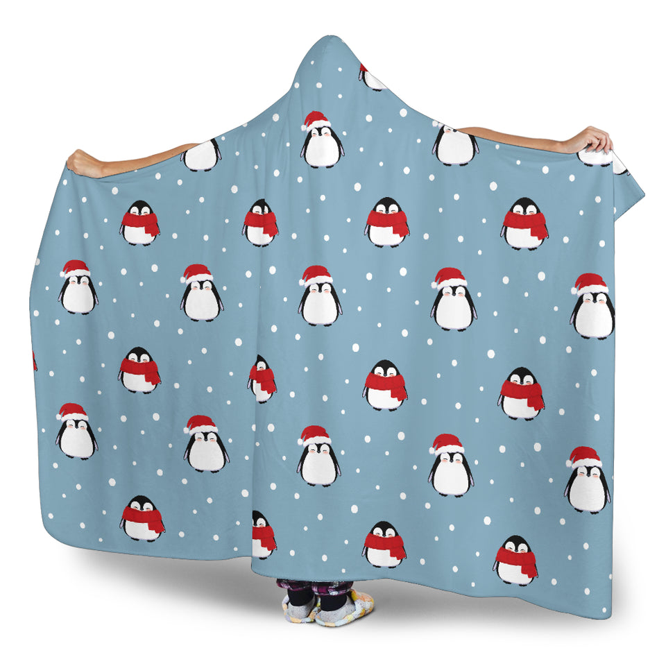 Cute Penguin Christmas Snow Pattern Hooded Blanket